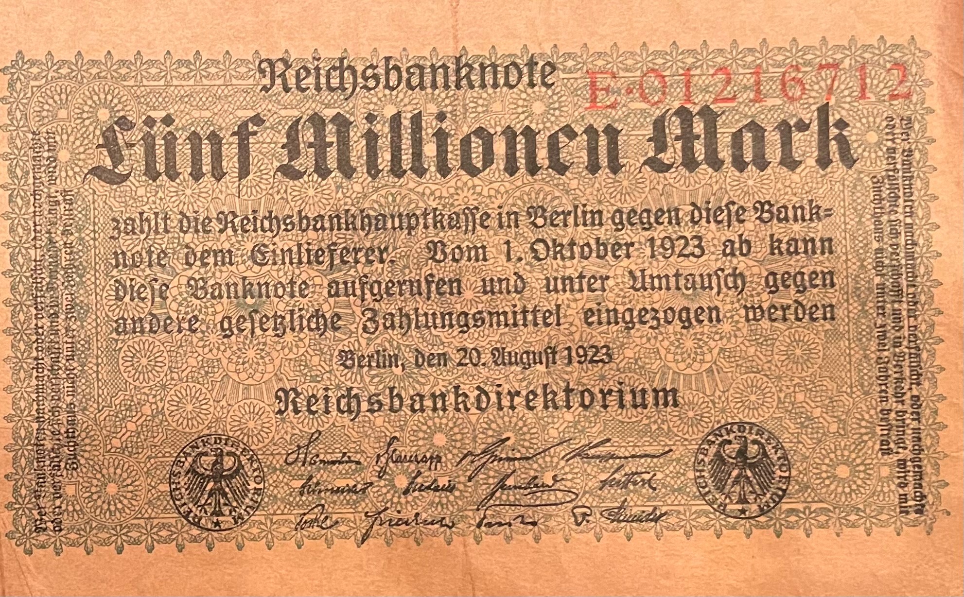 A five million Mark bill from 1930's Germany